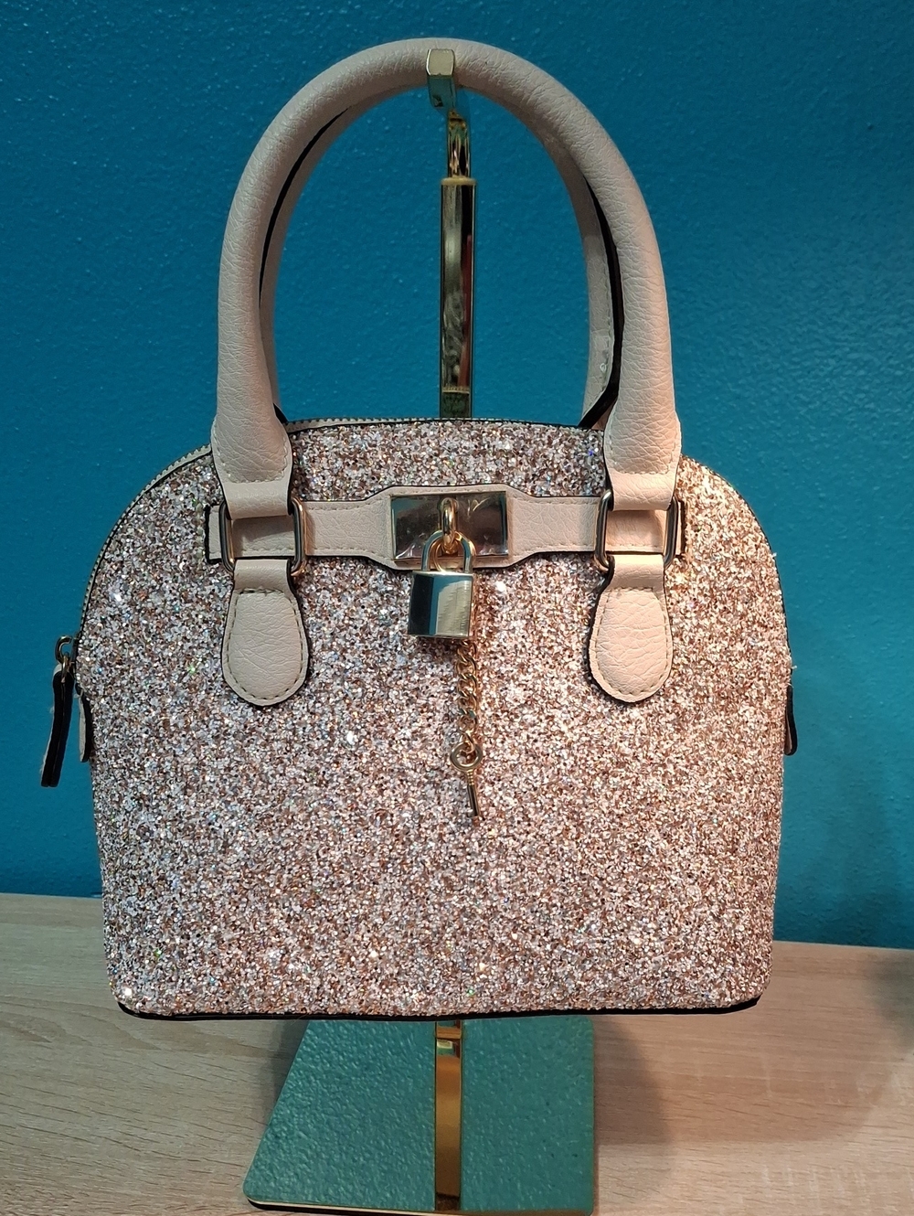 Aldo Rose Gold Glitter Satchel with Cream Handles